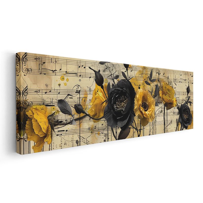 Müzikli Çiçekler - Nota Kağıdı Üzerinde Sarı Siyah Kontrast Kompozisyon Kanvas Tablo