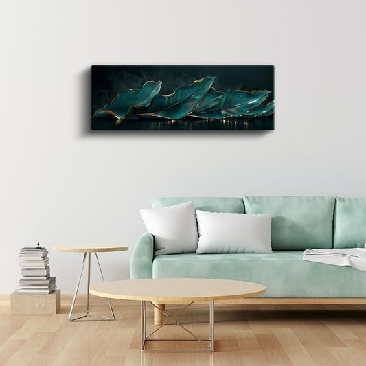 Turkuaz Yapraklar - Altın Kenar Detaylı Modern Botanik Tasarım Kanvas Tablo