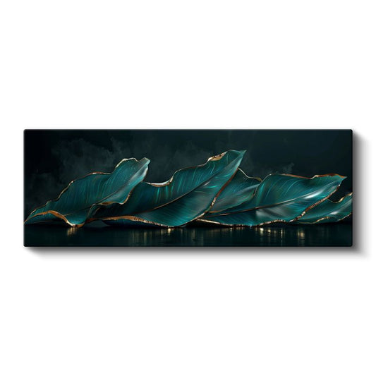 Turkuaz Yapraklar - Altın Kenar Detaylı Modern Botanik Tasarım Kanvas Tablo