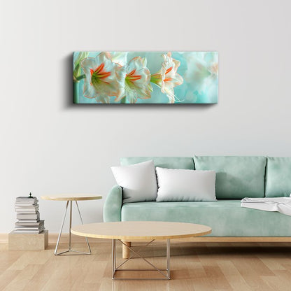 Beyaz Amarilis - Turkuaz Fonda Narin Çiçek Detayları Kanvas Tablo