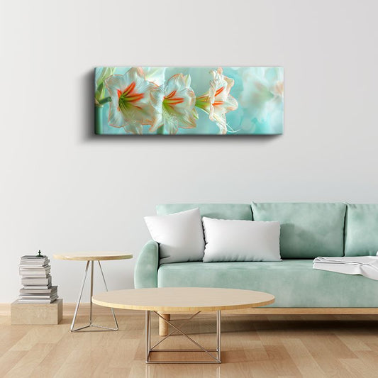 Beyaz Amarilis - Turkuaz Fonda Narin Çiçek Detayları Kanvas Tablo