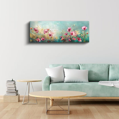 Kır Çiçekleri - Turkuaz Zeminde Pembe Tonlarda Romantik Kompozisyon Kanvas Tablo