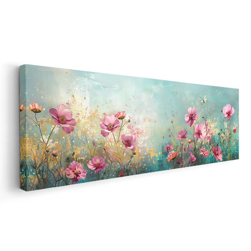 Kır Çiçekleri - Turkuaz Zeminde Pembe Tonlarda Romantik Kompozisyon Kanvas Tablo