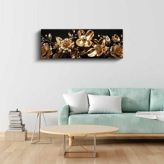 Altın Çiçekler - Siyah Zeminde Lüks Metalik Detaylı Botanik Kanvas Tablo
