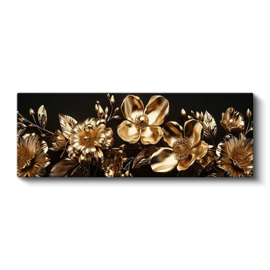 Altın Çiçekler - Siyah Zeminde Lüks Metalik Detaylı Botanik Kanvas Tablo