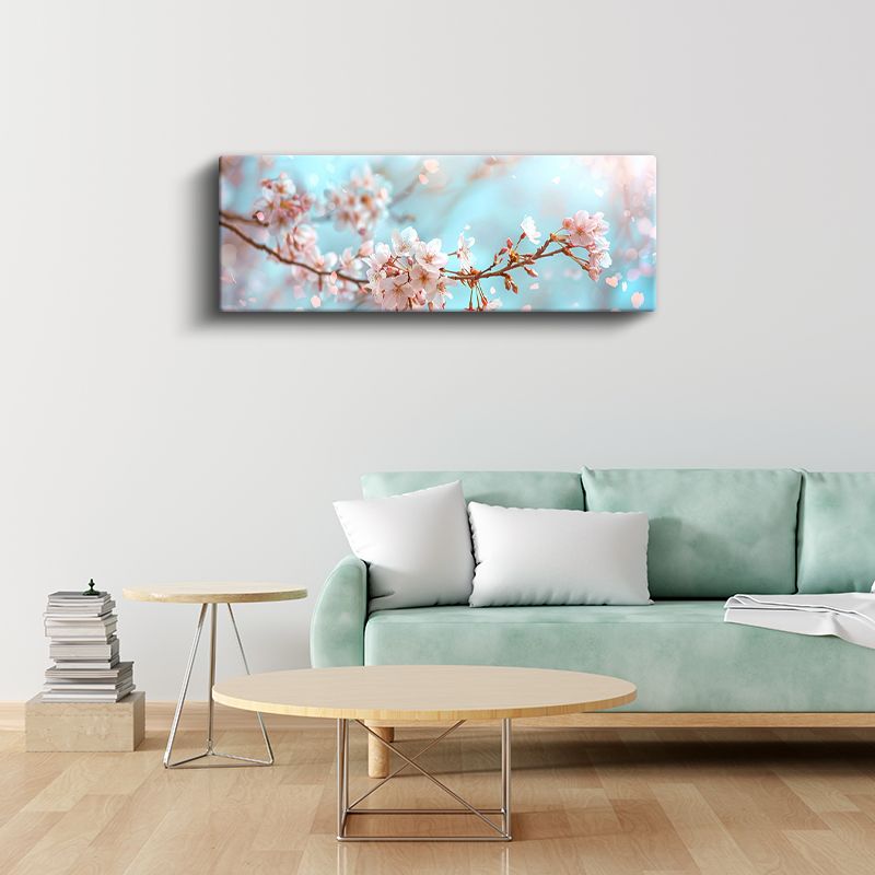 Kiraz Çiçekleri - Turkuaz Gökyüzünde Pembe Bahar Dalları Kanvas Tablo