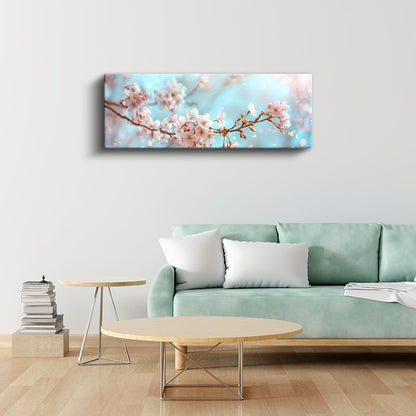 Kiraz Çiçekleri - Turkuaz Gökyüzünde Pembe Bahar Dalları Kanvas Tablo
