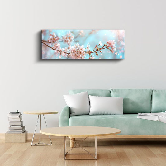 Kiraz Çiçekleri - Turkuaz Gökyüzünde Pembe Bahar Dalları Kanvas Tablo