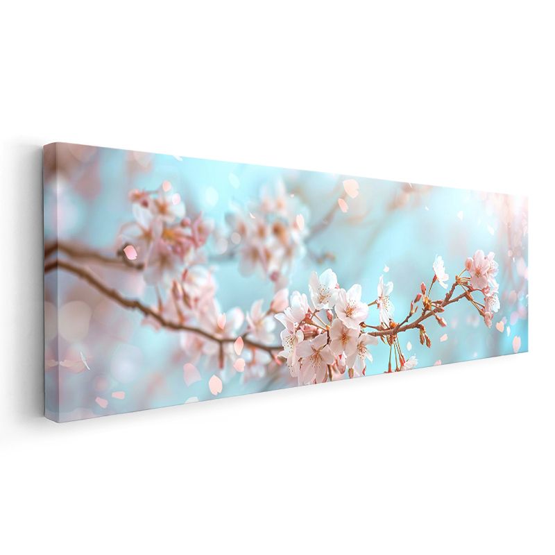 Kiraz Çiçekleri - Turkuaz Gökyüzünde Pembe Bahar Dalları Kanvas Tablo