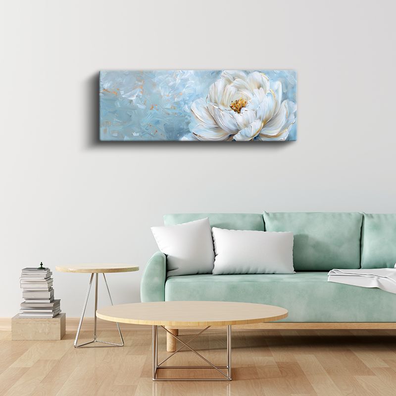 Beyaz Nilüfer - Mavi Tonlarda Minimalist Çiçek Portresi Kanvas Tablo