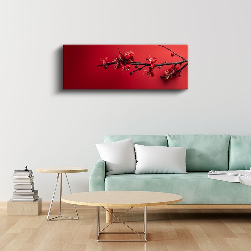 Kırmızı Çiçek Dalı - Canlı Zeminde Bahar Tomurcukları Kanvas Tablo