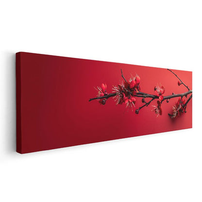 Kırmızı Çiçek Dalı - Canlı Zeminde Bahar Tomurcukları Kanvas Tablo