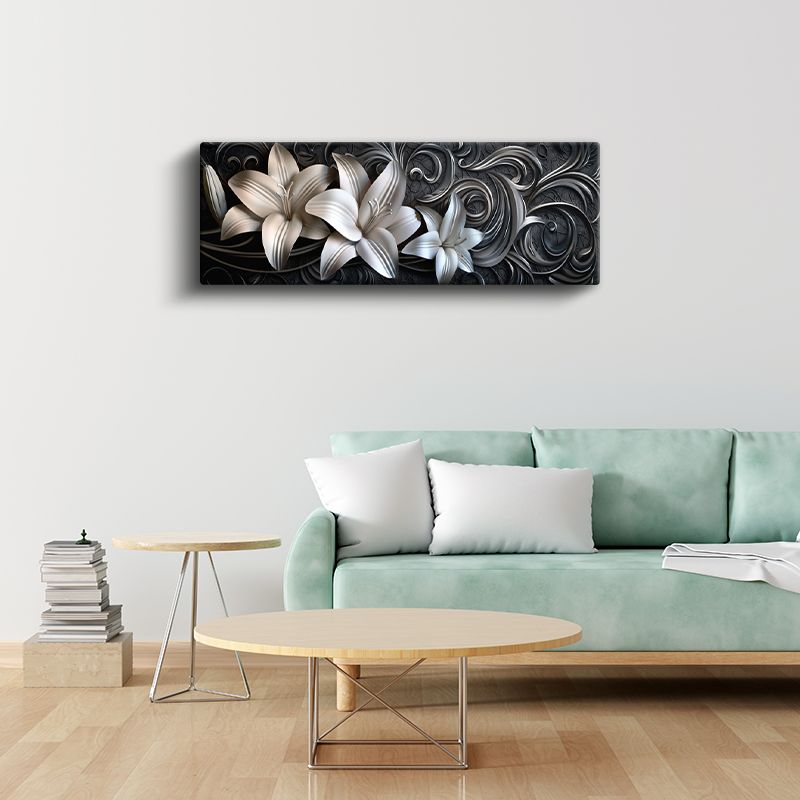 Beyaz Zambaklar - Siyah Zeminde Zarif Kıvrımlı Tasarım Kanvas Tablo