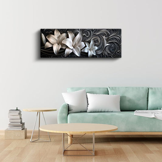 Beyaz Zambaklar - Siyah Zeminde Zarif Kıvrımlı Tasarım Kanvas Tablo