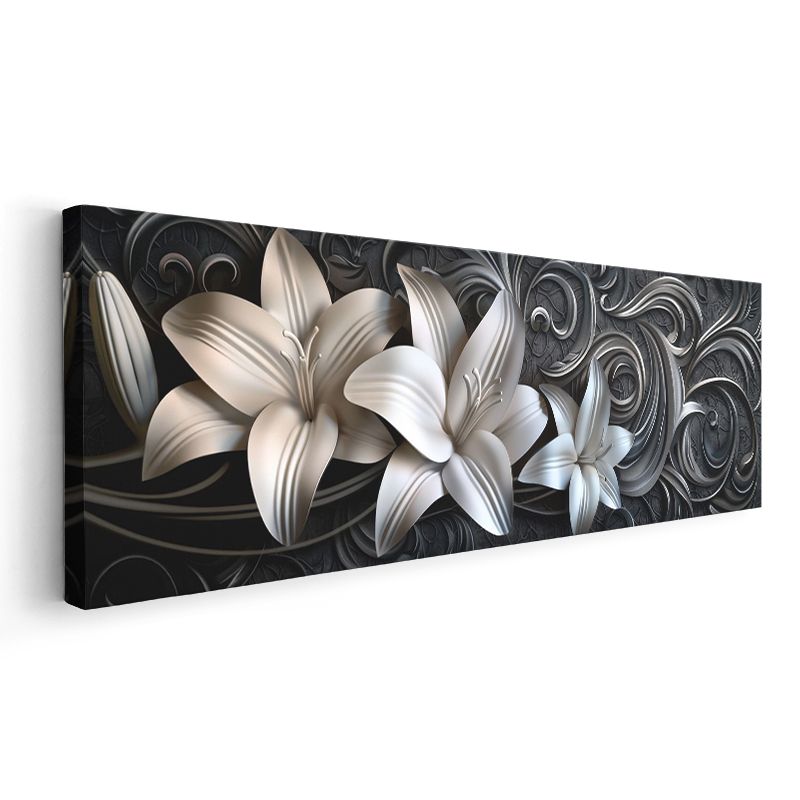 Beyaz Zambaklar - Siyah Zeminde Zarif Kıvrımlı Tasarım Kanvas Tablo