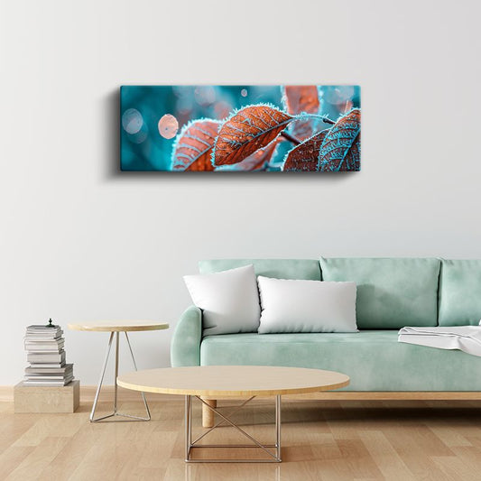 Kış Yaprakları - Turkuaz Zeminde Turuncu Detaylı Buzlu Doğa Kanvas Tablo