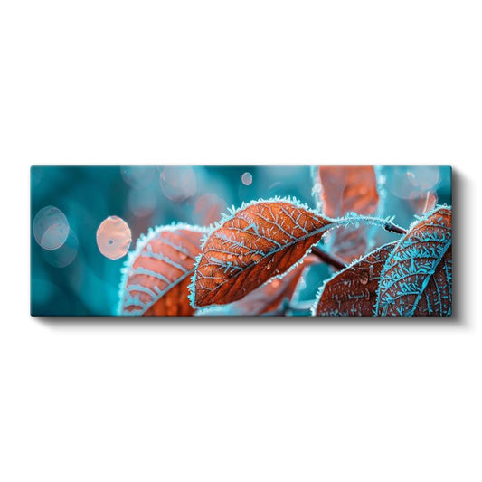 Kış Yaprakları - Turkuaz Zeminde Turuncu Detaylı Buzlu Doğa Kanvas Tablo