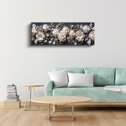 Porselen Güller - Siyah Zeminde 3D Kabartma Efektli Zarif Kompozisyon Kanvas Tablo