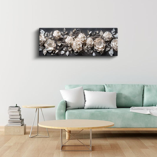 Porselen Güller - Siyah Zeminde 3D Kabartma Efektli Zarif Kompozisyon Kanvas Tablo