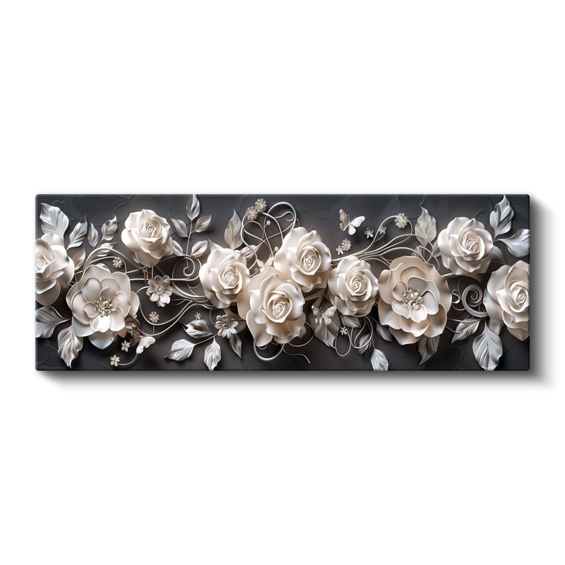 Porselen Güller - Siyah Zeminde 3D Kabartma Efektli Zarif Kompozisyon Kanvas Tablo