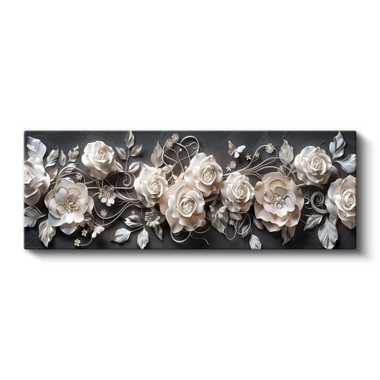 Porselen Güller - Siyah Zeminde 3D Kabartma Efektli Zarif Kompozisyon Kanvas Tablo