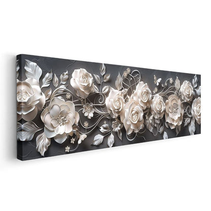 Porselen Güller - Siyah Zeminde 3D Kabartma Efektli Zarif Kompozisyon Kanvas Tablo