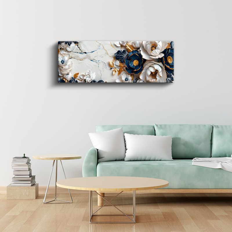 Lüks Çiçek Kompozisyonu - 3D Kabartma Görünümlü Mavi ve Beyaz Çiçekler Altın Detaylı Kanvas Tablo