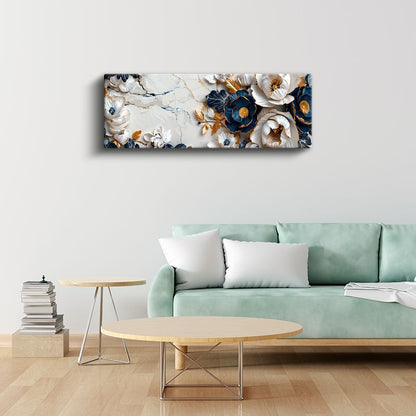 Lüks Çiçek Kompozisyonu - 3D Kabartma Görünümlü Mavi ve Beyaz Çiçekler Altın Detaylı Kanvas Tablo
