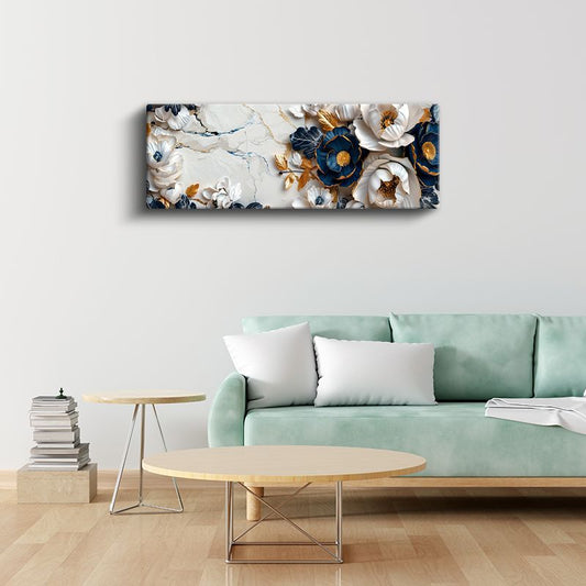 Lüks Çiçek Kompozisyonu - 3D Kabartma Görünümlü Mavi ve Beyaz Çiçekler Altın Detaylı Kanvas Tablo