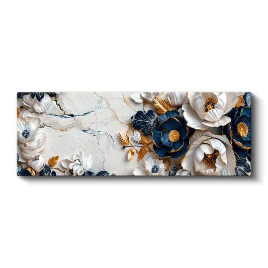 Lüks Çiçek Kompozisyonu - 3D Kabartma Görünümlü Mavi ve Beyaz Çiçekler Altın Detaylı Kanvas Tablo