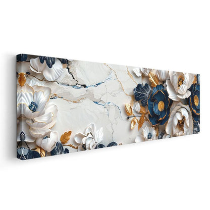 Lüks Çiçek Kompozisyonu - 3D Kabartma Görünümlü Mavi ve Beyaz Çiçekler Altın Detaylı Kanvas Tablo