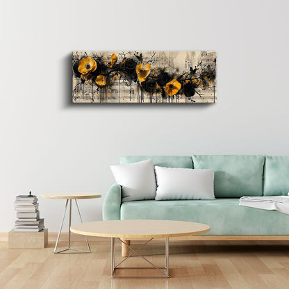 Müzikal Çiçekler - Sarı Gelincikler ve Siyah Güller Sanatsal Kompozisyon Kanvas Tablo