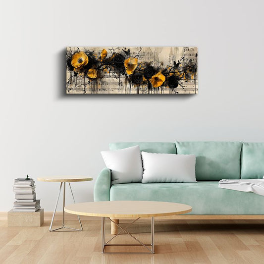 Müzikal Çiçekler - Sarı Gelincikler ve Siyah Güller Sanatsal Kompozisyon Kanvas Tablo