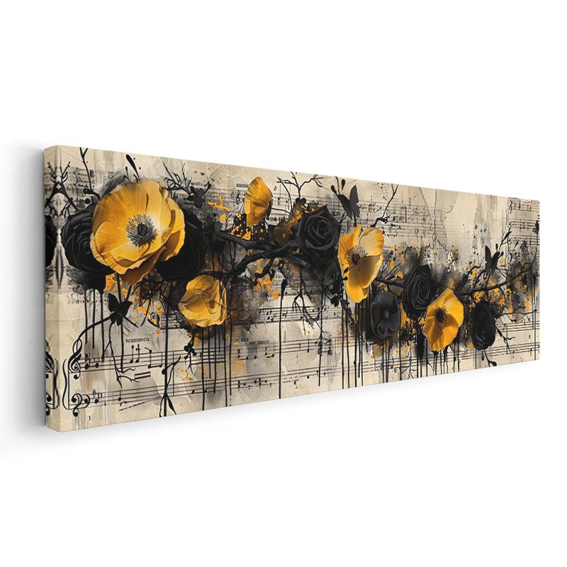 Müzikal Çiçekler - Sarı Gelincikler ve Siyah Güller Sanatsal Kompozisyon Kanvas Tablo