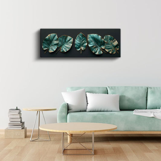 Tropikal Yapraklar - Altın Kenarlı Zümrüt Yeşili Monstera Yaprakları Kanvas Tablo