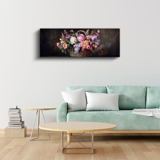 Klasik Çiçek Sepeti - Şakayık ve Leylak Çiçekleri Natürmort Kanvas Tablo