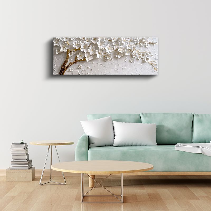 Beyaz Çiçekli Dal - Kabartma Görünümlü Altın Detaylı Zarif Tasarım Kanvas Tablo