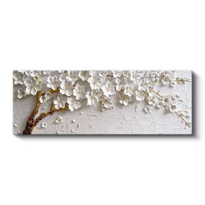 Beyaz Çiçekli Dal - Kabartma Görünümlü Altın Detaylı Zarif Tasarım Kanvas Tablo