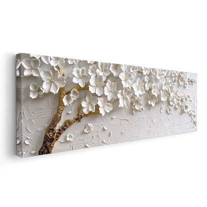 Beyaz Çiçekli Dal - Kabartma Görünümlü Altın Detaylı Zarif Tasarım Kanvas Tablo