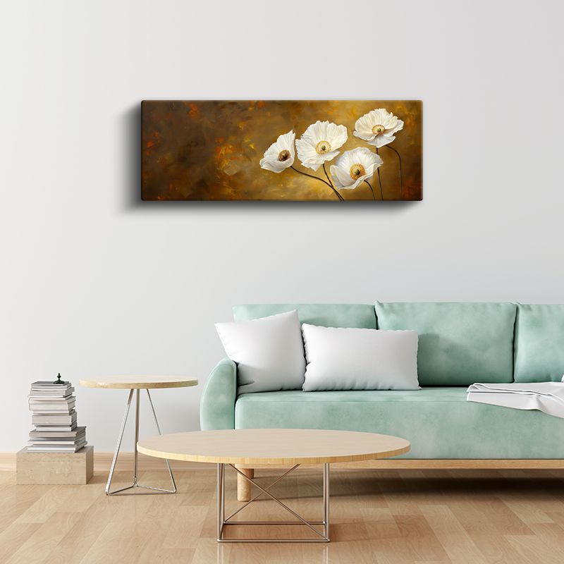 Beyaz Haşhaşlar - Altın Tonlarında Yağlı Boya Tarzı Çiçek Kompozisyonu Kanvas Tablo