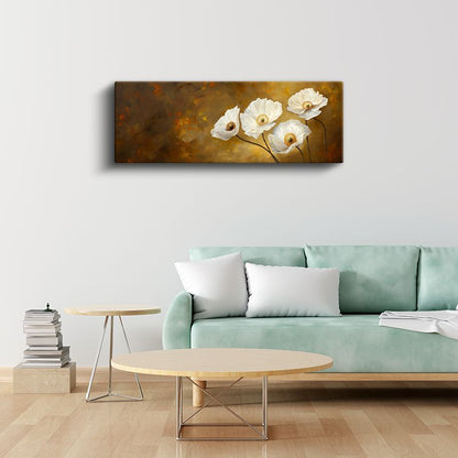 Beyaz Haşhaşlar - Altın Tonlarında Yağlı Boya Tarzı Çiçek Kompozisyonu Kanvas Tablo