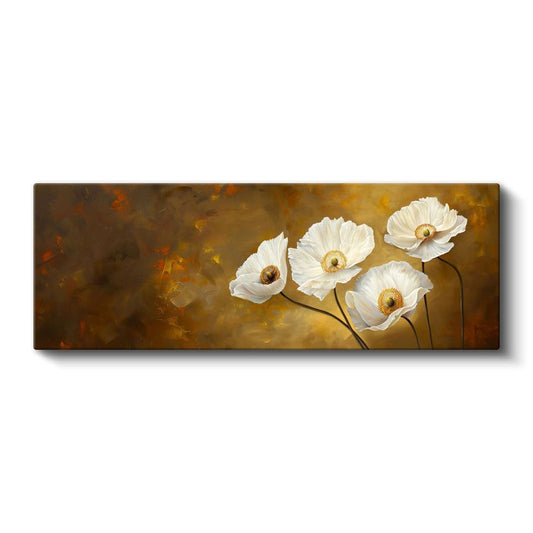 Beyaz Haşhaşlar - Altın Tonlarında Yağlı Boya Tarzı Çiçek Kompozisyonu Kanvas Tablo
