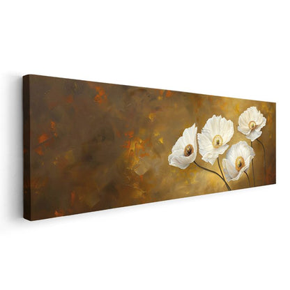 Beyaz Haşhaşlar - Altın Tonlarında Yağlı Boya Tarzı Çiçek Kompozisyonu Kanvas Tablo