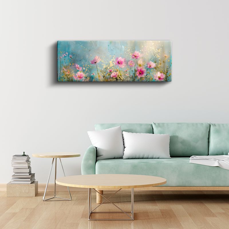 Pembe Papatyalar - Mavi ve Altın Detaylı Suluboya Tarzı Çiçek Bahçesi Kanvas Tablo