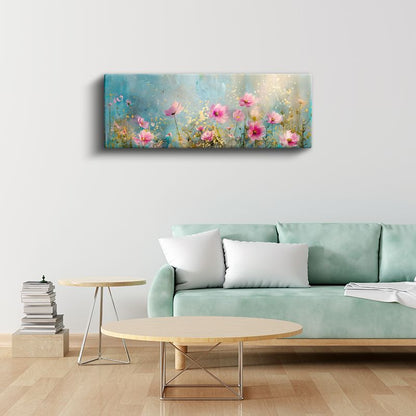 Pembe Papatyalar - Mavi ve Altın Detaylı Suluboya Tarzı Çiçek Bahçesi Kanvas Tablo