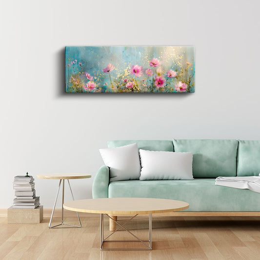 Pembe Papatyalar - Mavi ve Altın Detaylı Suluboya Tarzı Çiçek Bahçesi Kanvas Tablo
