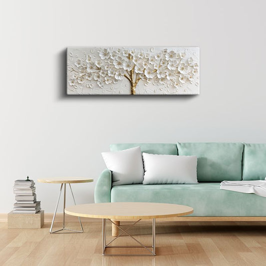 Beyaz Çiçekli Ağaç - Altın Gövdeli 3D Kabartma Görünümlü Zarif Tasarım Kanvas Tablo