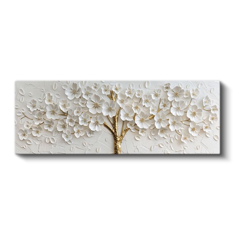 Beyaz Çiçekli Ağaç - Altın Gövdeli 3D Kabartma Görünümlü Zarif Tasarım Kanvas Tablo