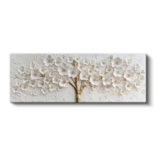 Beyaz Çiçekli Ağaç - Altın Gövdeli 3D Kabartma Görünümlü Zarif Tasarım Kanvas Tablo