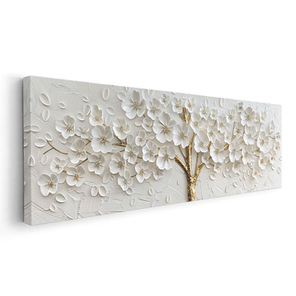 Beyaz Çiçekli Ağaç - Altın Gövdeli 3D Kabartma Görünümlü Zarif Tasarım Kanvas Tablo